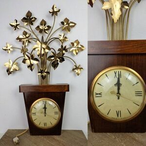 United USA gold leaf clock, Brass leaves planter mcm vintage rare pot shape